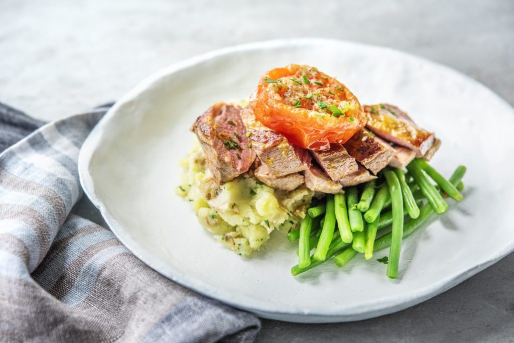 Orange Glazed Duck with Crushed Potato, Green Beans and Roasted Tomato