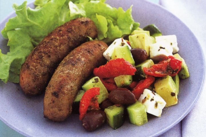 Oregano Pork Sausages with Greek Salad