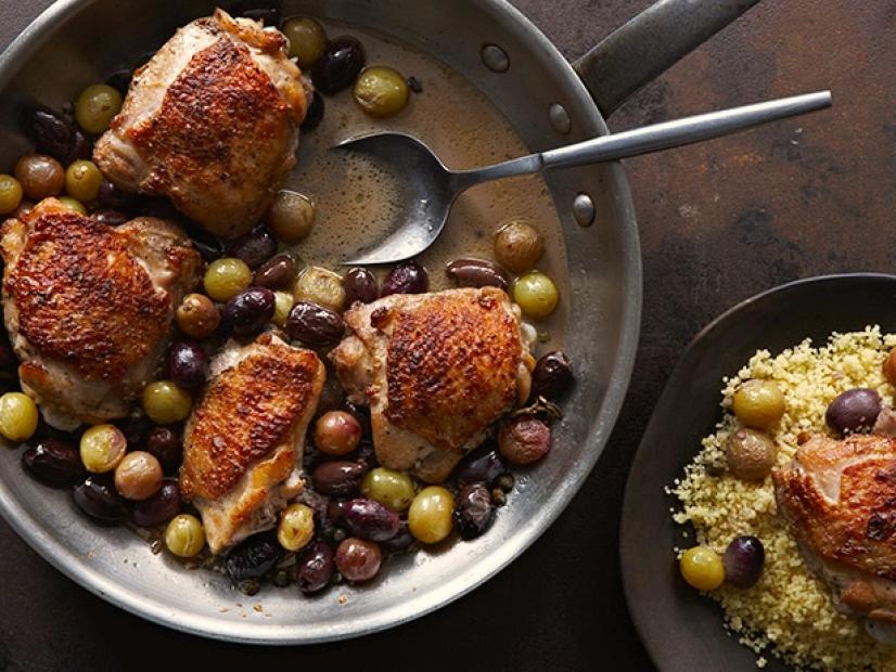 Pan-Roasted Chicken Thighs with Grapes and Olives