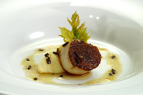 Porcini Seared Scallops, Celery Root and Warm Truffle Vinaigrette