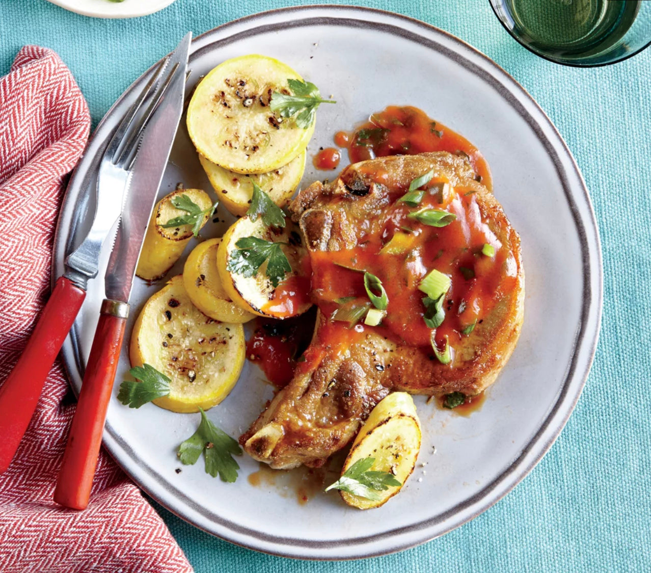 Pork Chops with Tomato Gravy and Squash