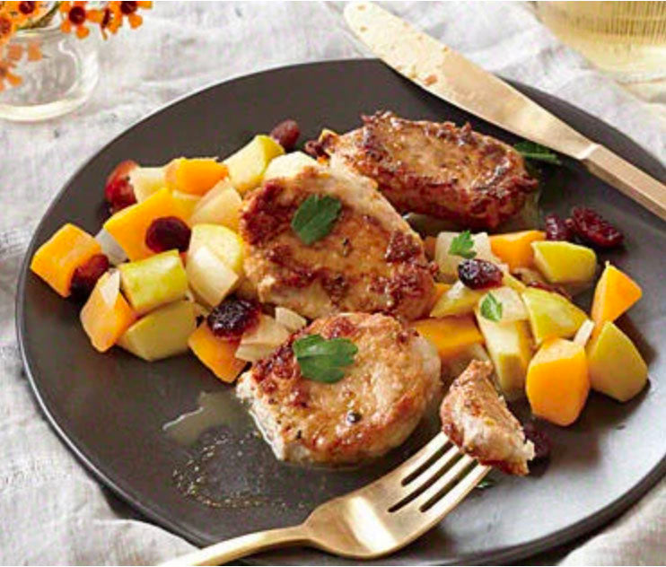 Pork Cutlets with Butternut Squash, Apple, and Cranberry Sauté