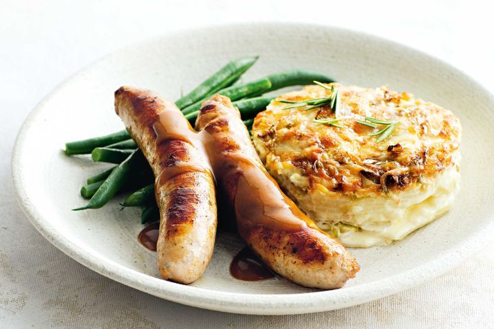 Pork Sausages with Cabbage and Gruyere Gratin