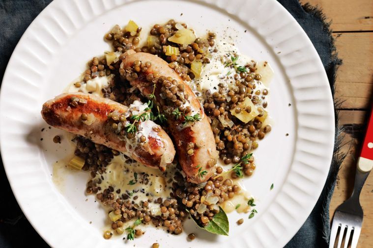 Pork Sausages with Cider Lentils