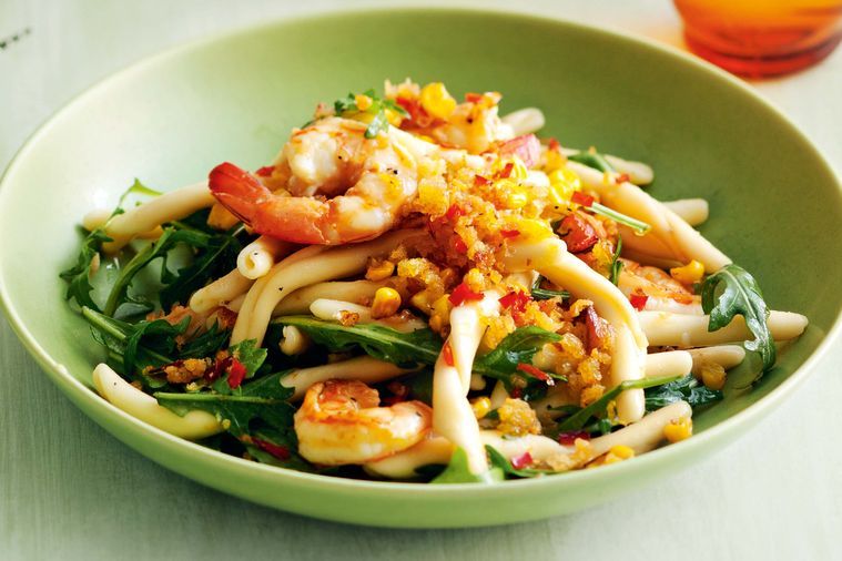 Prawn Casarecce with Lemon, Chilli and Corn Pangrattato