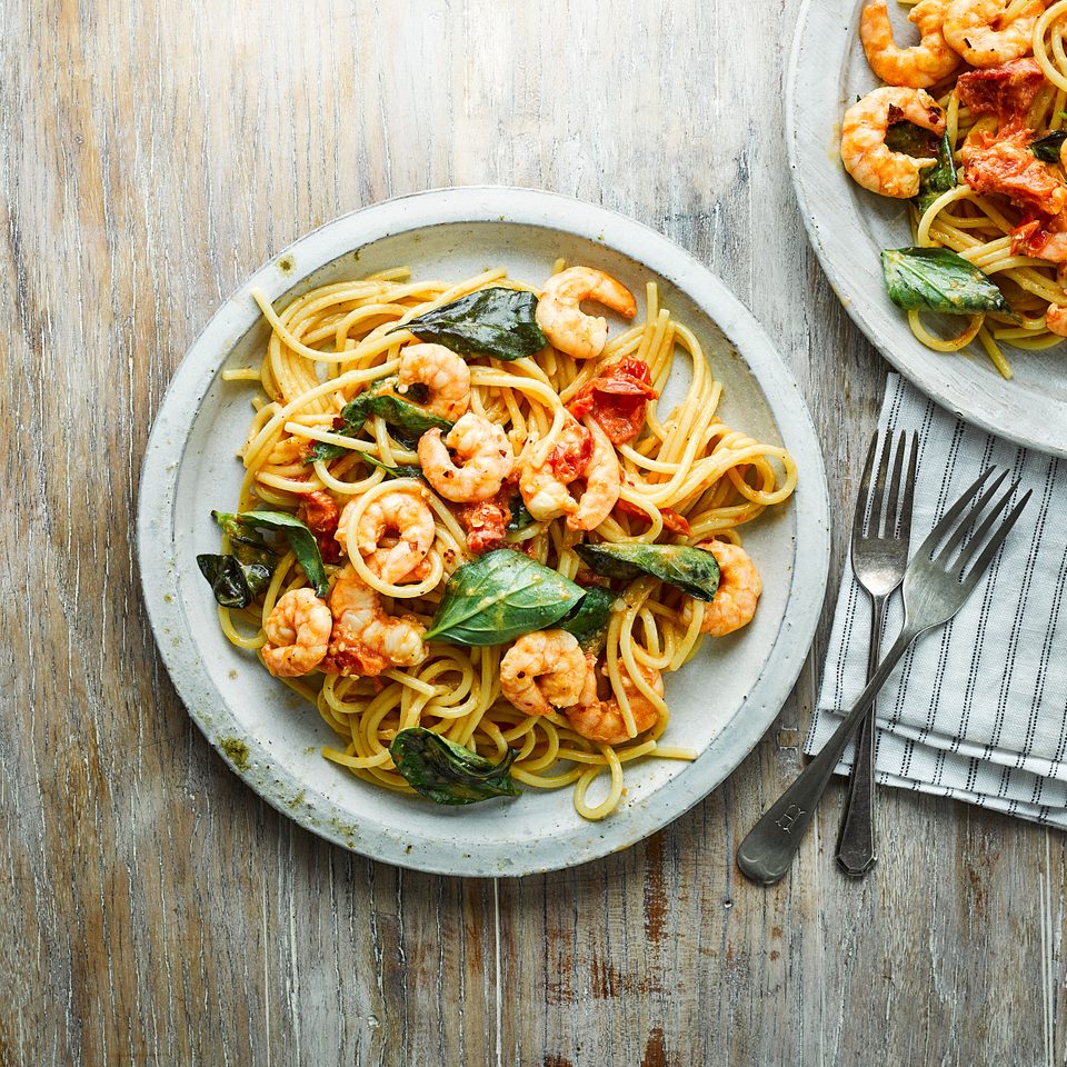 Prawn Spaghetti with Tomato, Chilli and Basil