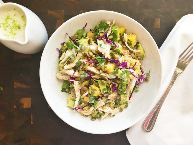 Quinoa Mango Avocado Chicken Salad with Coconut Lime Dressing