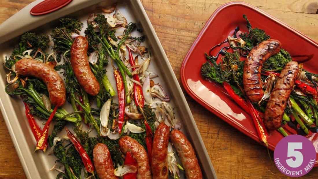 Roast Broccolini or Broccoli Rabe with Sausages