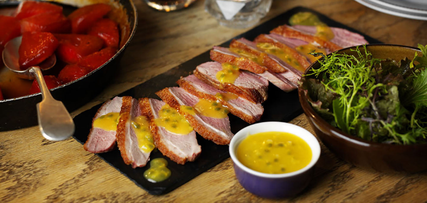 Roast Duck Breast with an Orange and Passion Fruit Sauce, Watermelon Salad