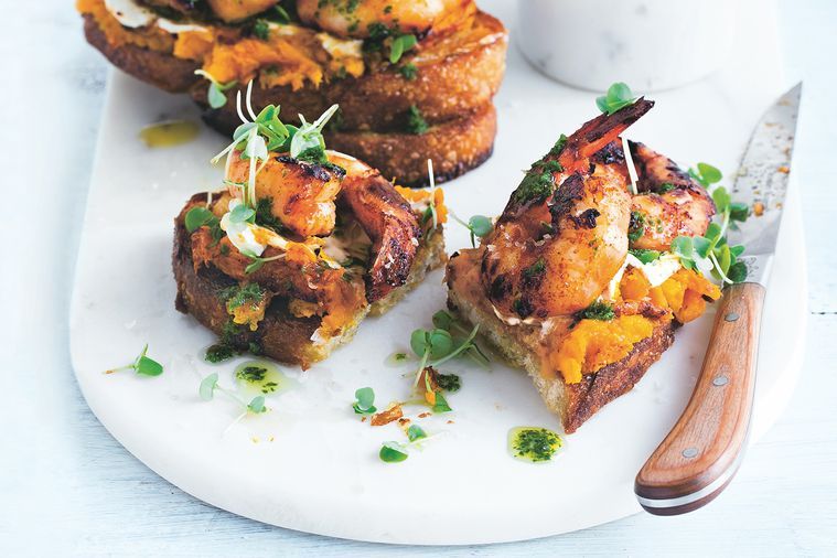 Roast Pumpkin and Honey Prawn Bruschetta