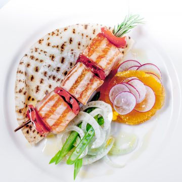 Rosemary Skewered Huon Salmon with Fennel, Beans and Flat Bread