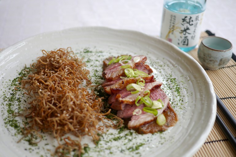 Sake-Marinated Lamb Rump, Aubergine and Miso Purée and Crispy Noodles