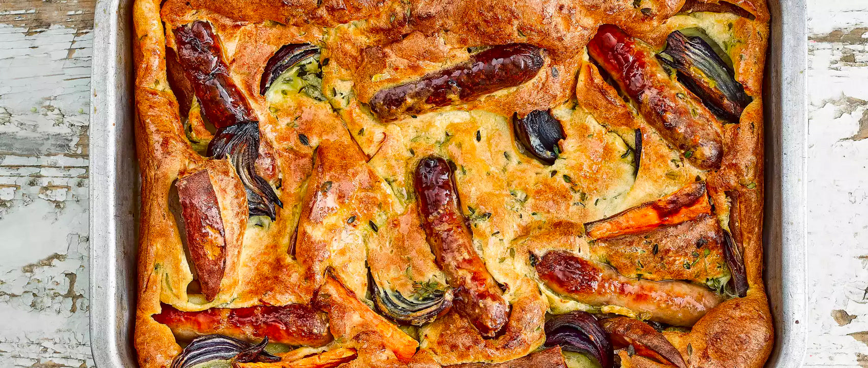 Sausage, Sweet Potato and Red Onion Toad-in-the-hole with Mustard Gravy