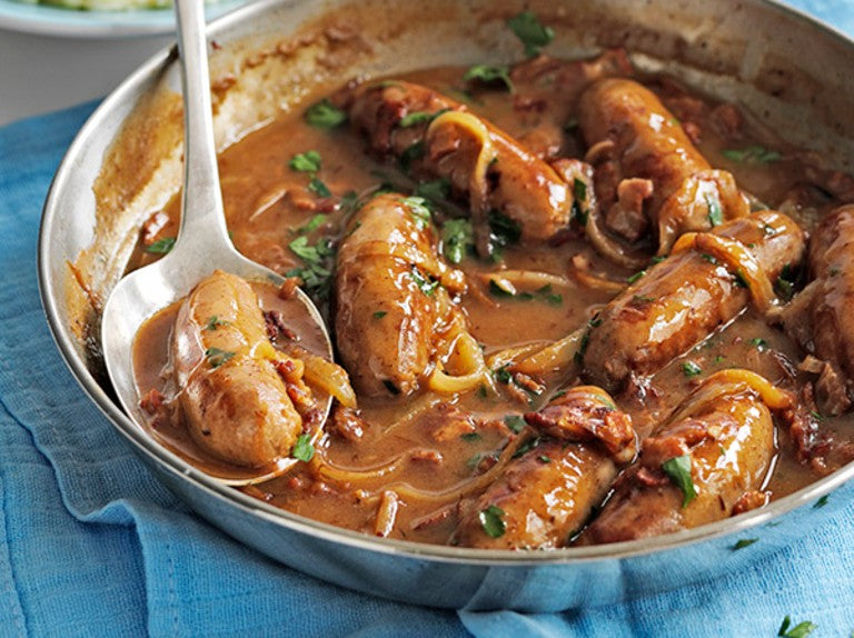 Sausages Braised with Smoky Bacon and Cider
