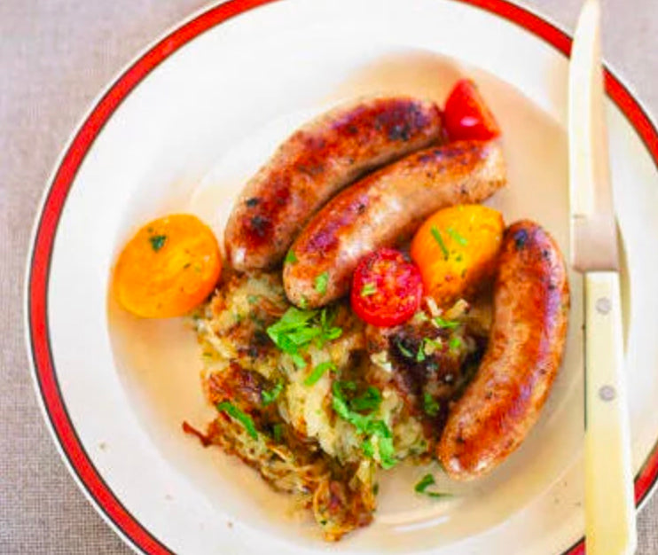 Sausages with Warm Tomatoes and Hash Browns