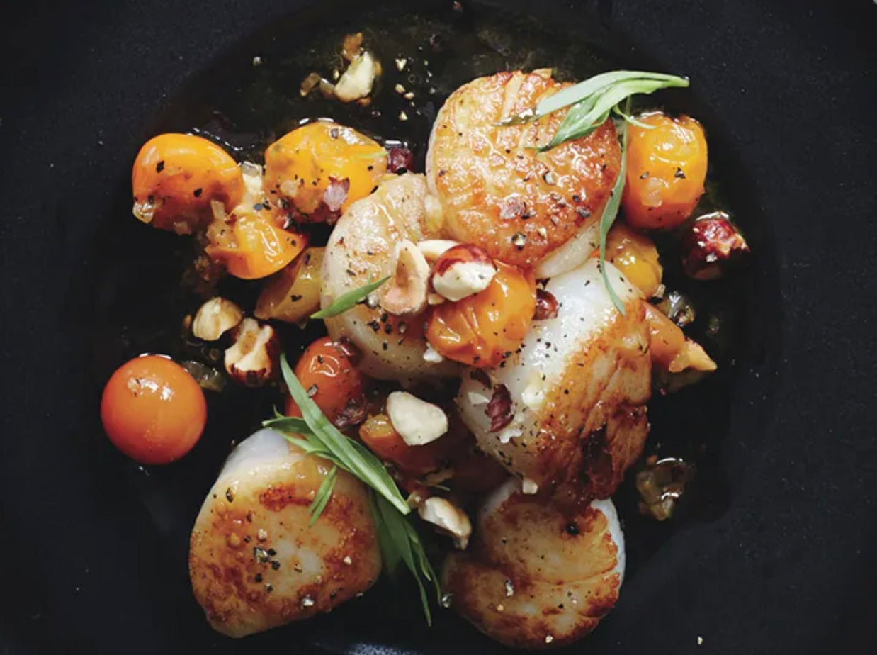 Scallops with Hazelnuts and Warm Sun Gold Tomatoes