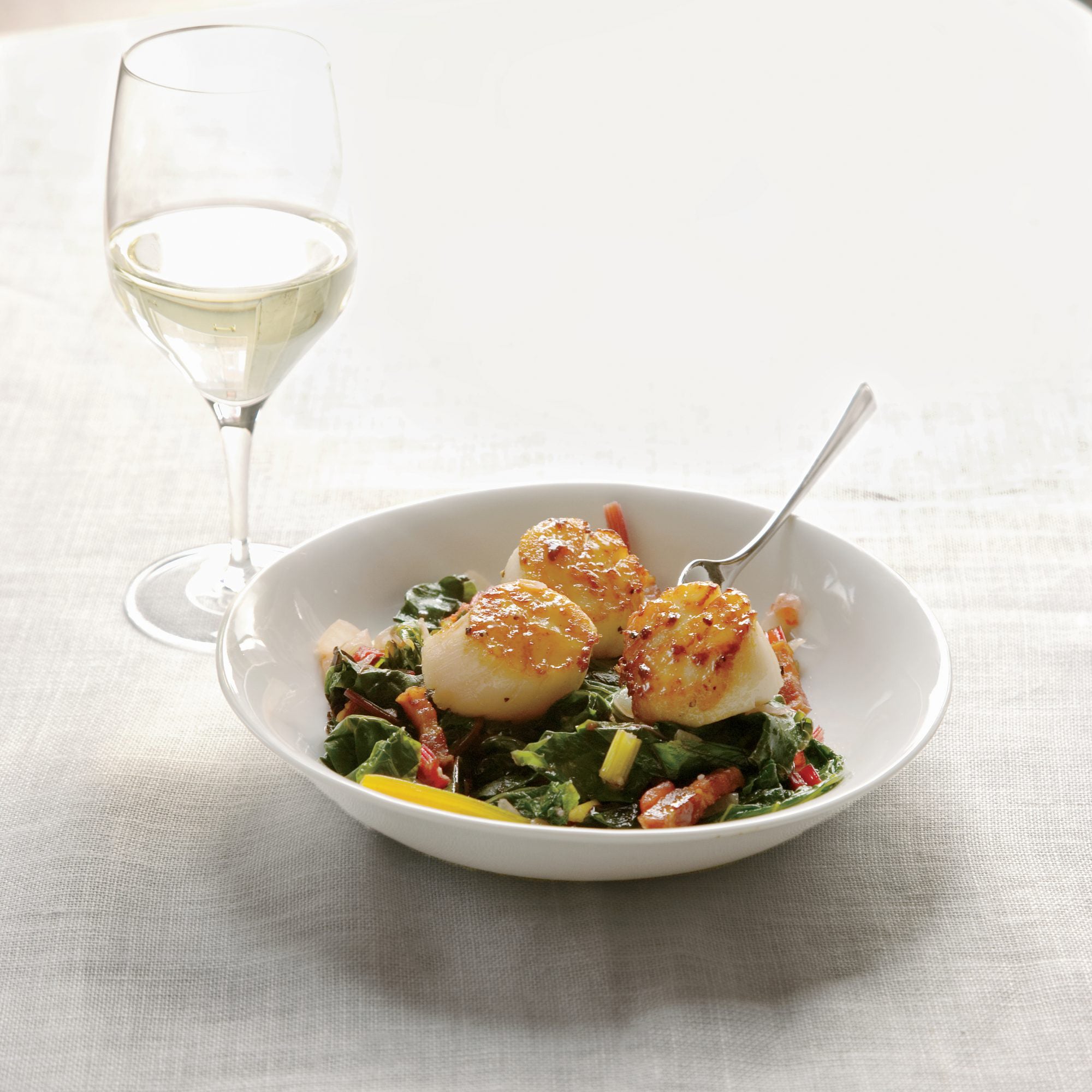 Seared Scallops with Bacon-Braised Chard
