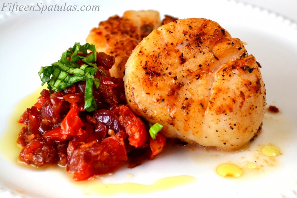 Seared Scallops with Bacon Jam and Basil