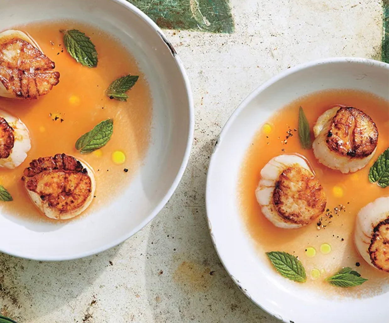 Seared Scallops with Tomato Water, Lime, and Mint