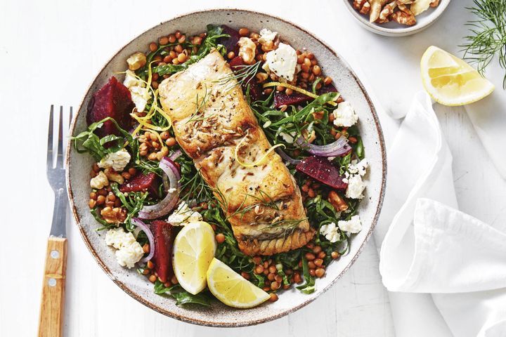 Silverbeet, Lentil and Fetta Salad with Barramundi