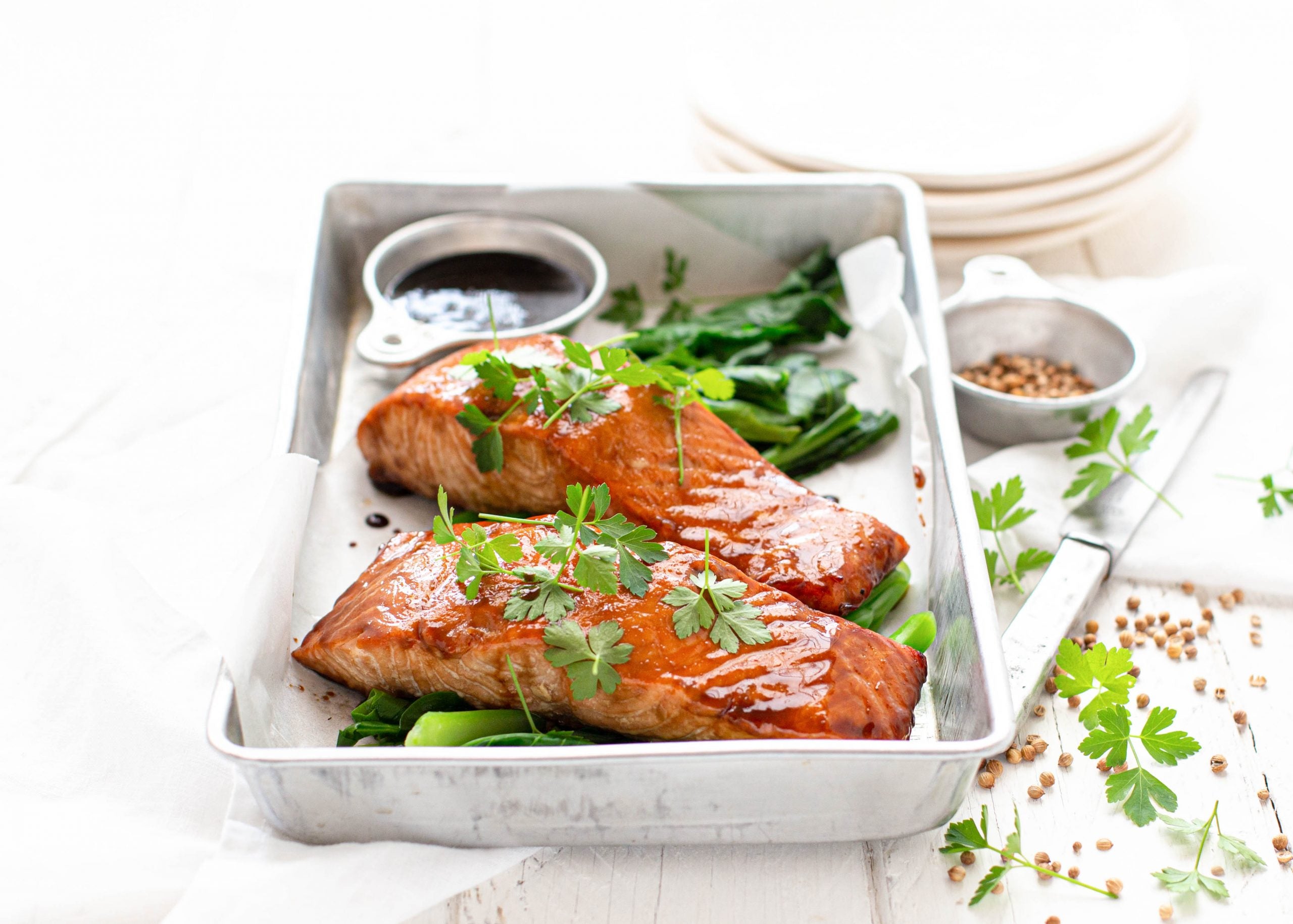 Soy Glazed Baked Huon Salmon With Chinese Broccoli