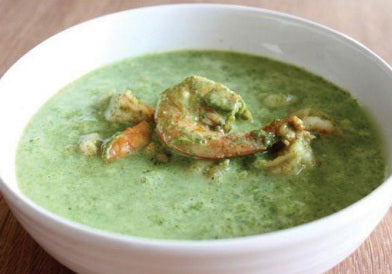 Spinach Coconut Milk Soup With Curried Shrimp