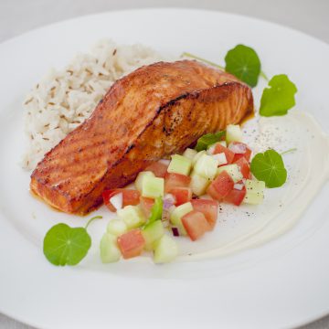 Tandoori Salmon Portion, Spiced Rice and Cucumber Mint Salsa