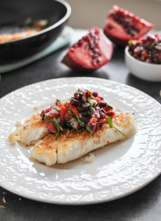 Toasted Coconut White Fish with Pomegranate Salsa