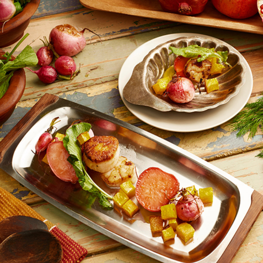 Warm Salad of Scallops, Roasted Squash, Radishes and Pomegranate
