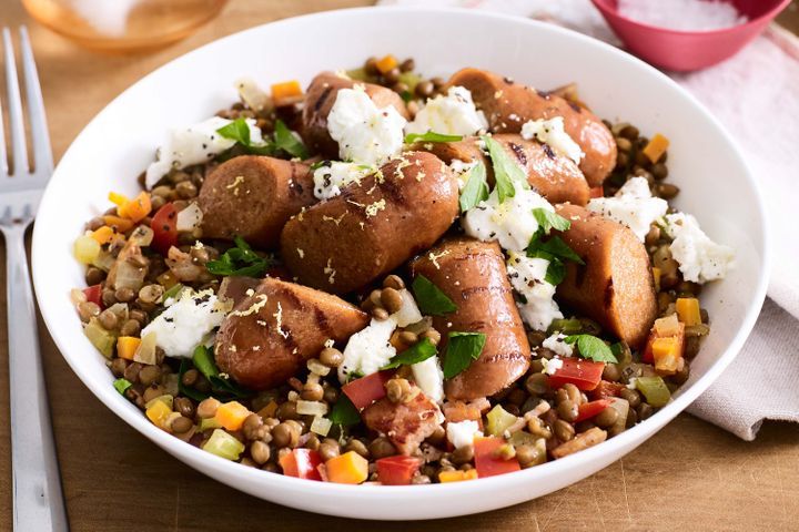 Warm Sausage and Lentil Salad with Goats Cheese