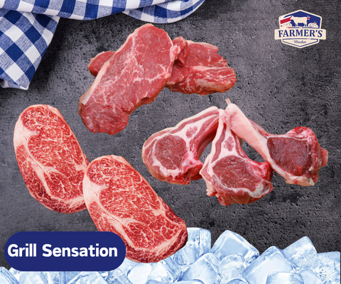 FROZEN - Grill Sensation: 2 x 400gm Rib Eye Steaks, 2 x 400gm Sirloin Steaks,  2packs 4 x 80-100gm Lamb loin chops