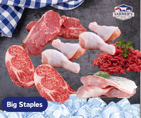 FROZEN - Staples: 2 x 250gm Beef Mince, 1 x beef striploin(2 x 300gm each ) 1 x Packet Chicken Drumsticks, 1 x Packet Chicken Breast, 2 x Barramundi fillets