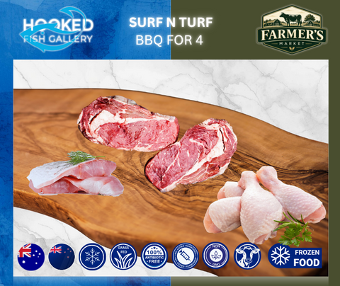 FROZEN - BBQ for 4: 2 x 300gm Rib Eye Steaks , 2 x NZ White Fish, 1 x Packet Chicken Drumsticks