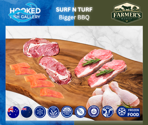 FROZEN - Bigger BBQ:  2 x 300gm Rib Eye Steaks, 2 x 300gm Sirloin Steaks , 1 pack x Portion of 5 Salmon, 1 x Pack Chicken Drumsticks