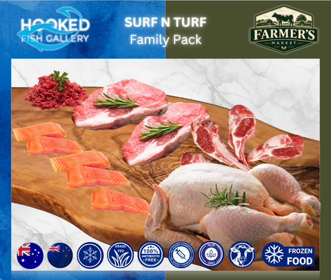 FROZEN - Family Pack: 1kg x Striploin, 4 x  fillet Salmon, 1 x Aus Or NZ Whole Chicken, 2packs 4 x 80-100gm Lamb loin chops