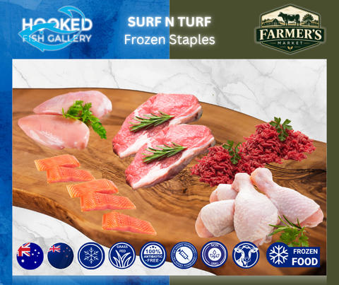 FROZEN - Staples: 2 x 500gm Beef Mince, 1 x beef striploin(2 x 300gm each ) 1 x Packet Chicken Drumsticks, 1 x Packet Chicken Breast, 2 x Barramundi fillets