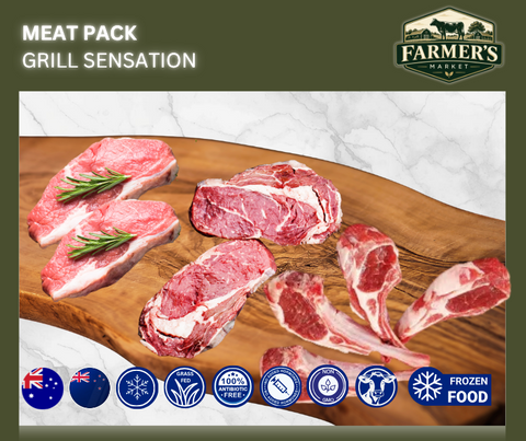 FROZEN - Grill Sensation: 2 x 400gm Rib Eye Steaks, 2 x 400gm Sirloin Steaks,  2packs 4 x 80-100gm Lamb loin chops
