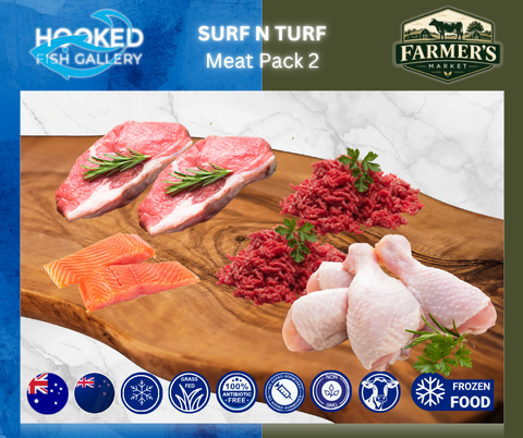 FROZEN Pack: 2 x 300gm Sirloin Steaks, 1 x Packet Chicken Drumsticks, 2 x pieces of Salmon 160-180gm each, 500g x  Lean Beef Mince