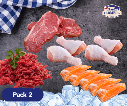 FROZEN Pack: 2 x 300gm Sirloin Steaks, 1 x Packet Chicken Drumsticks, 2 x pieces of Salmon 160-180gm each, 2 x 250gm Lean Beef Mince