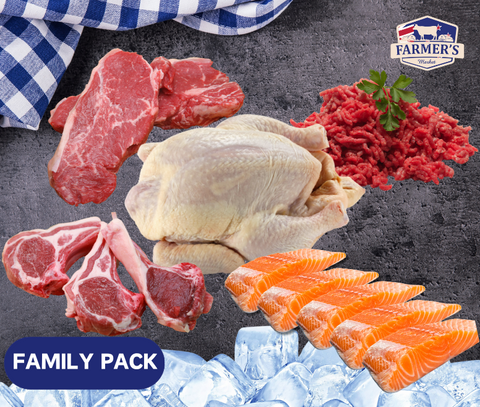 FROZEN - Family Pack: 1kg x Striploin, 4 x  fillet Salmon, 1 x Aus Whole Chicken, 2packs 4 x 80-100gm Lamb loin chops