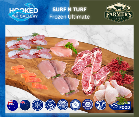 FROZEN - Ultimate:  1 x Portion 5 Salmon Portions, 4 x Barramundi fillets, 4 x 300gm Rib Eye Steaks, 1 x Packet Chicken Drumsticks, 1 x packet Chicken Thigh